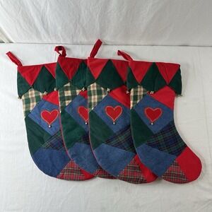 Retired Pier 1 Imports Christmas Stocking Quilt Patchwork Lot Of 4 Heart Bells